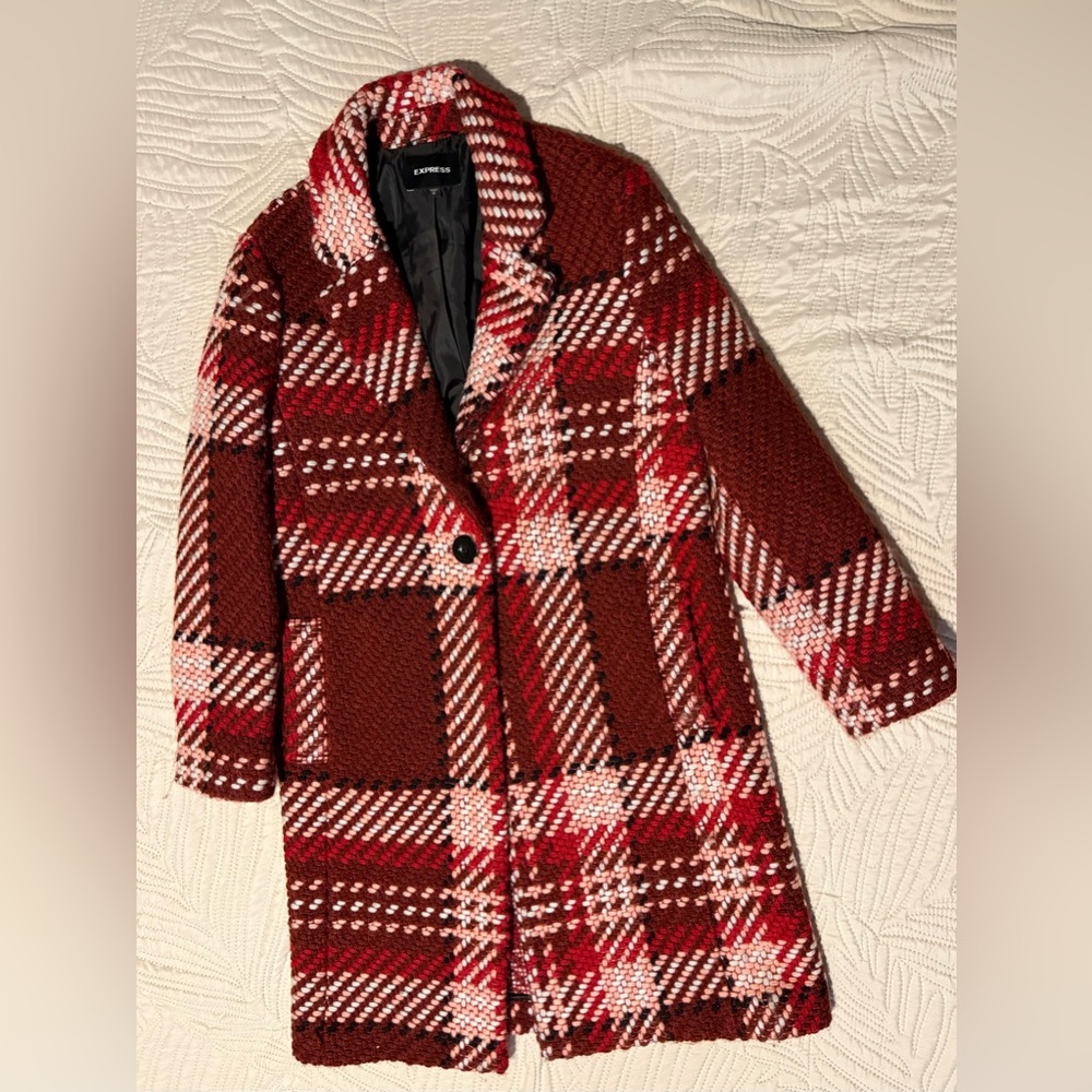 Express Women's Red and White Plaid Teddy Jacket - Picture 3 of 10